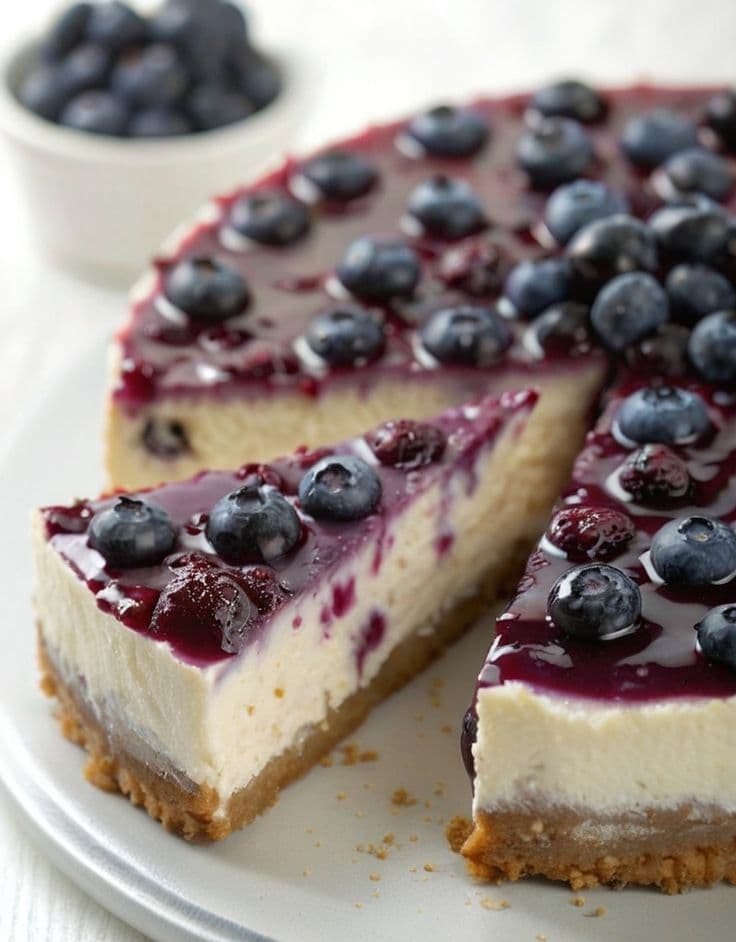A close-up view of a single slice of baked cheesecake. The dessert features a textured, golden-brown biscuit crust at the base, a thick, smooth, cream-colored cheese filling, and a generous topping of dark purple, chunky blueberry compote that is dripping slightly down the front tip of the slice.  A thick slice of baked cheesecake topped with a glossy, dark purple blueberry compote.