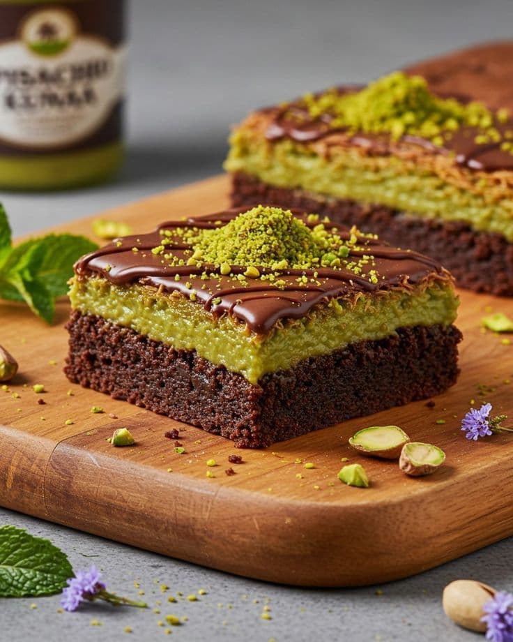A close-up view of freshly cut square brownies. The bottom half is a dense, dark chocolate brownie, followed by a bright green layer of smooth pistachio cream. The entire top surface is piled high with finely shredded, golden-brown toasted kunafa pastry. Rich chocolate brownies layered with smooth green pistachio cream and topped with golden, crispy shredded kunafa pastry.