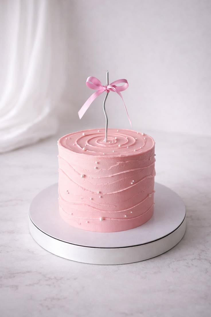 A side view of a round, tall birthday cake frosted in soft pink buttercream with a horizontal ribbed texture. The cake is decorated with scattered small white edible pearls. A single, thin, wavy silver candle is stuck in the center, tied with a small pink satin ribbon bow. The cake rests on a white circular stand against a soft-focus white draped background.