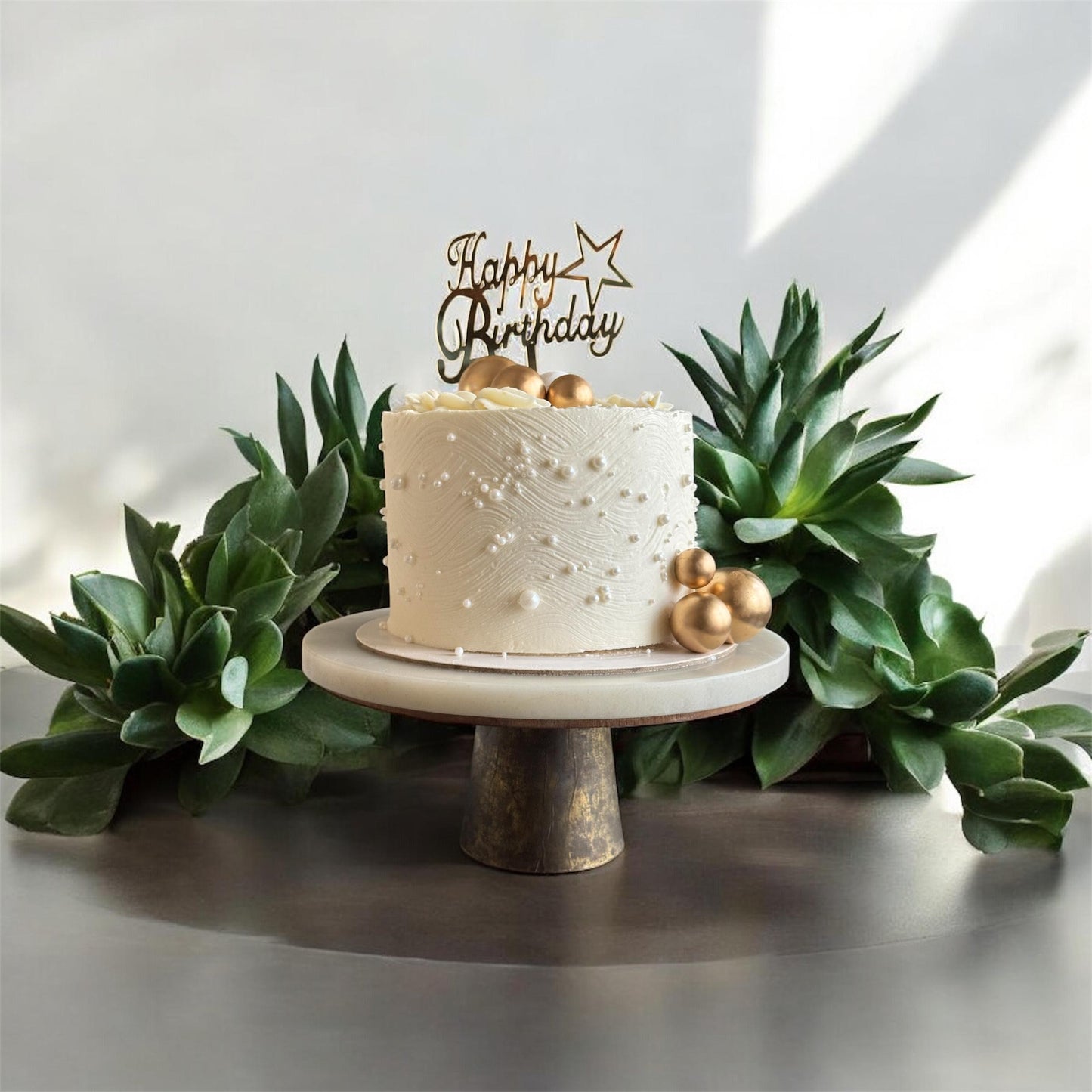 White Birthday Cake with Gold Accents