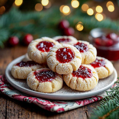 Decorative plate of cookies with jam filling on a festive background