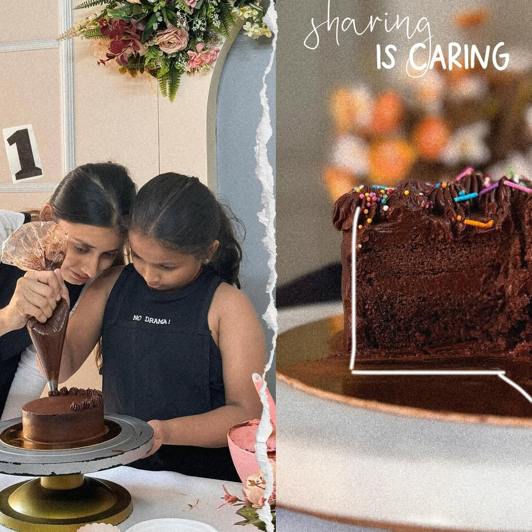 family decorating a cake with a close-up of a chocolate cake on a stand.