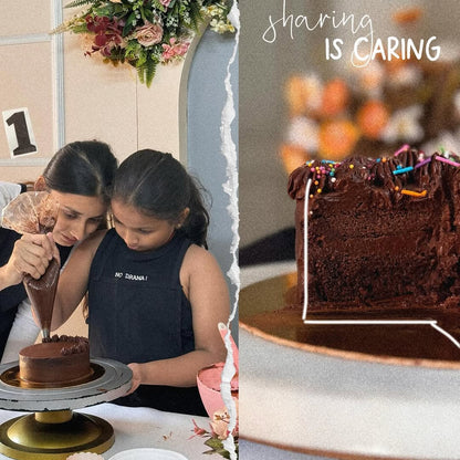 family decorating a cake with a close-up of a chocolate cake on a stand.