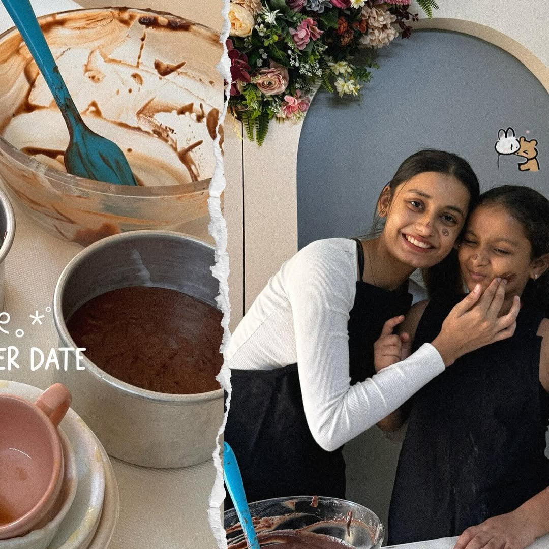 Two images: one of a close-up of a coffee drink with whipped cream and a spoon, and another of two people embracing indoors.
